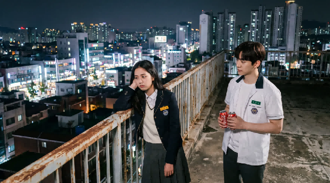 Korean students on a rooftop at night